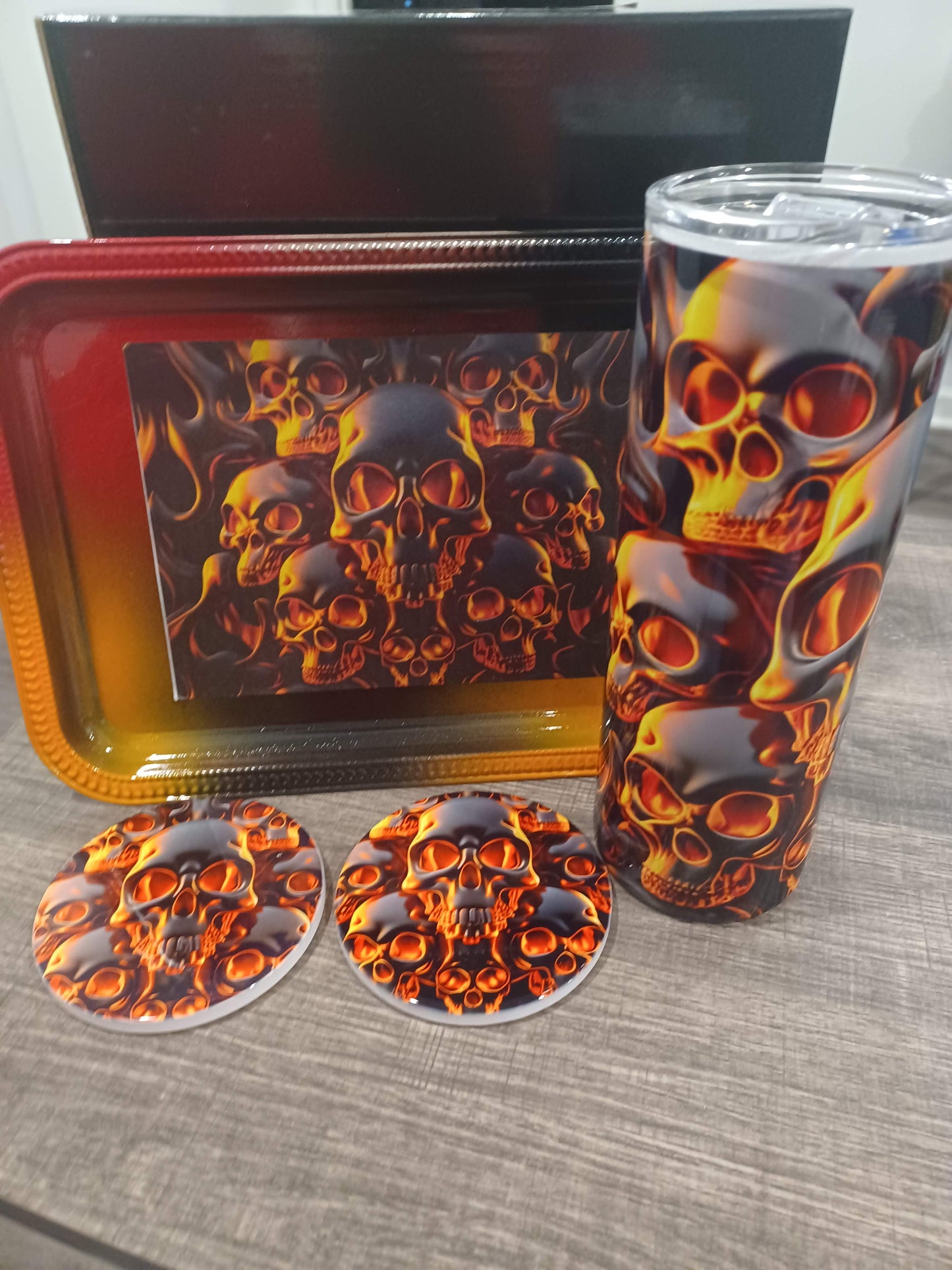 Flaming Skull-Themed Drinkware and Accessory Set